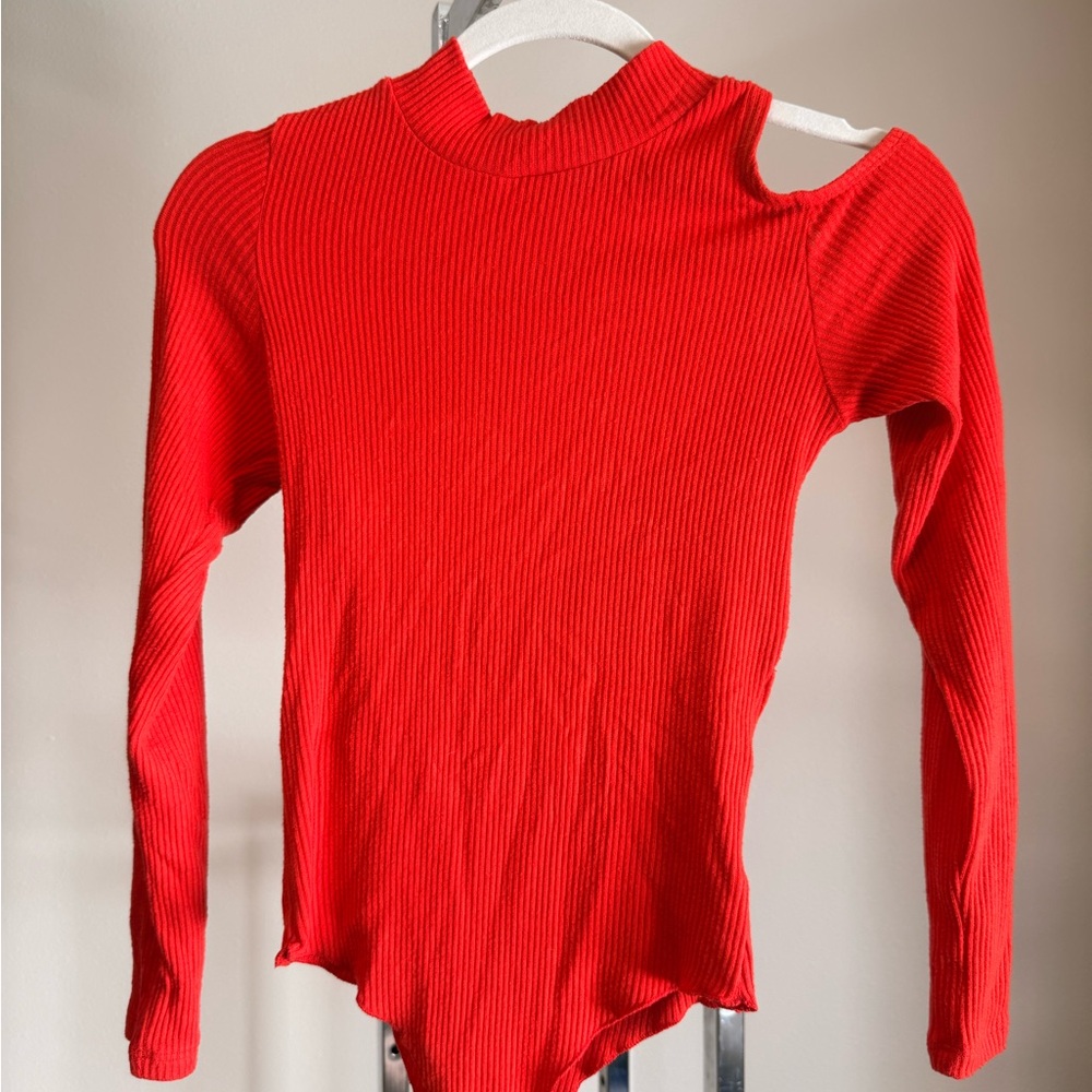 LNA Red Ribbed Long Sleeve Bodysuit